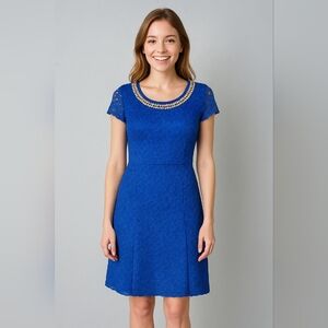 LA SCALA Cap Sleeve Lace Sheath Dress  Royal Blue Gold Beaded Neckline & Dots L